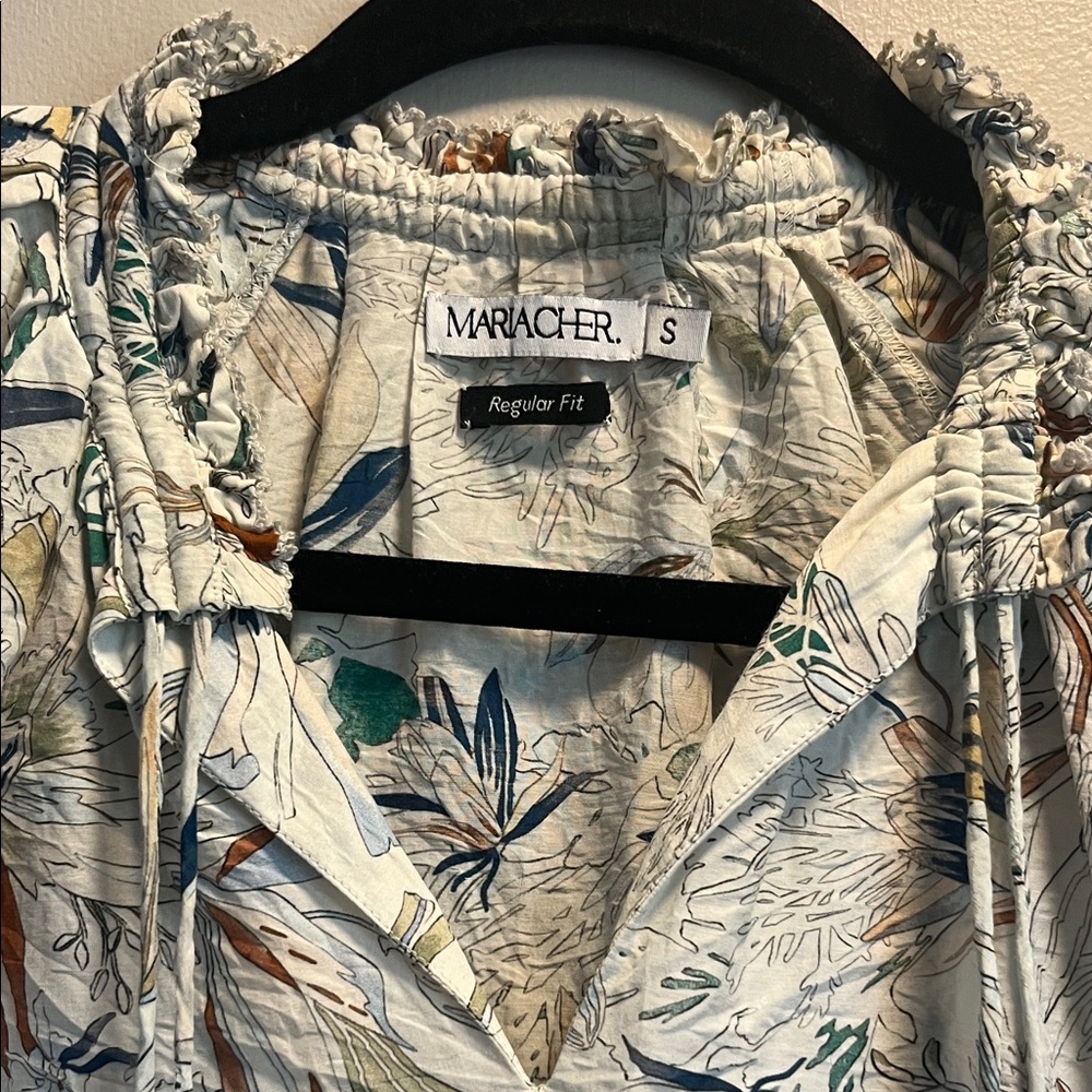 Mariacher S Floral Tie-Neck Blouse in Cream & Blue